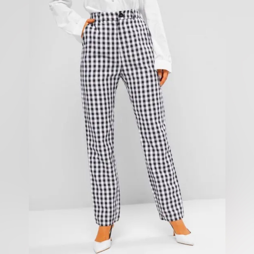 Zaful black and white checkered gingham high rise straight leg pants sz 6 nwt
